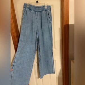 Blue Textured Wide-Leg Pants